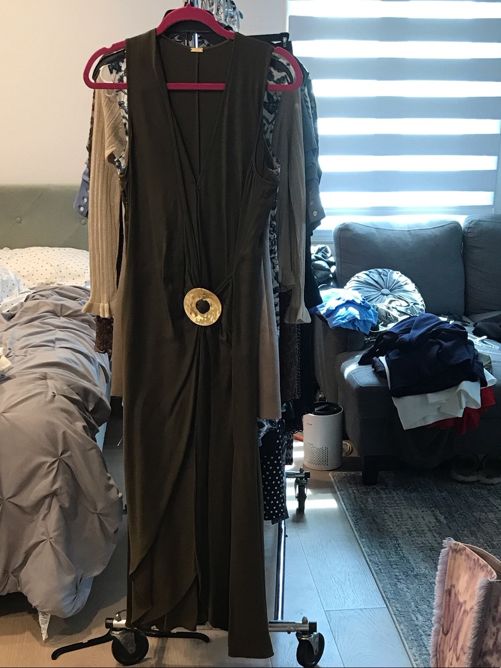 cult gaia Olive Green Draped Maxi Dress with Gold Medallion